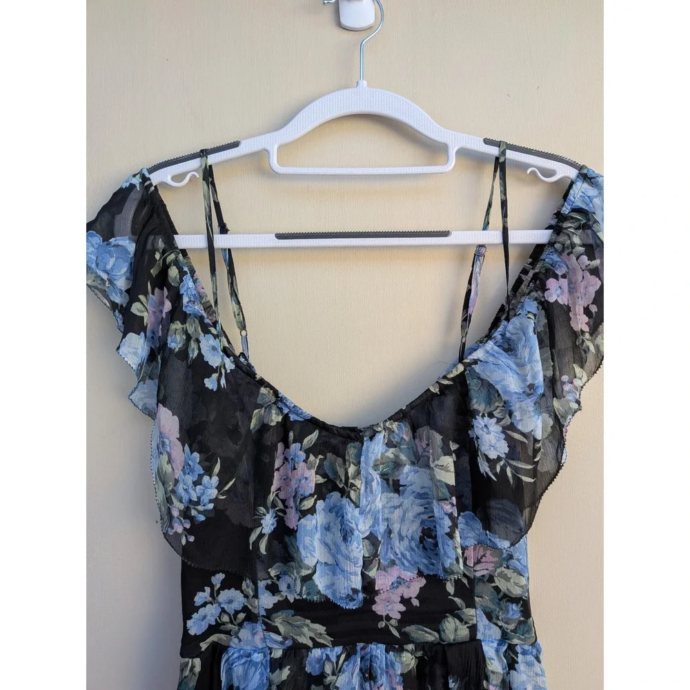 Abercrombie Fitch Black Floral Chiffon Ruffle‎ High Low Maxi Dress Size Small